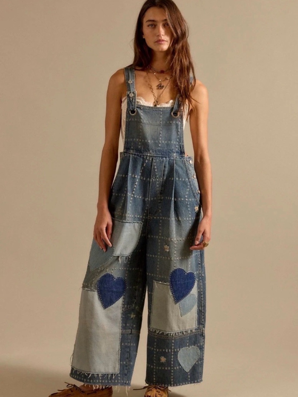 Free People We The Free Rambler Novelty Overalls Heart Appliques Denim - Picture 1 of 6